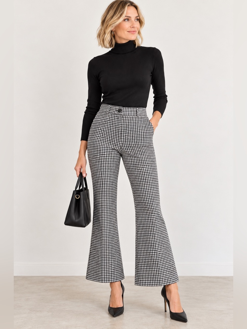 Avec Les Filles Gingham High Waist Flare Pants Black White Size 12 - Picture 1 of 8